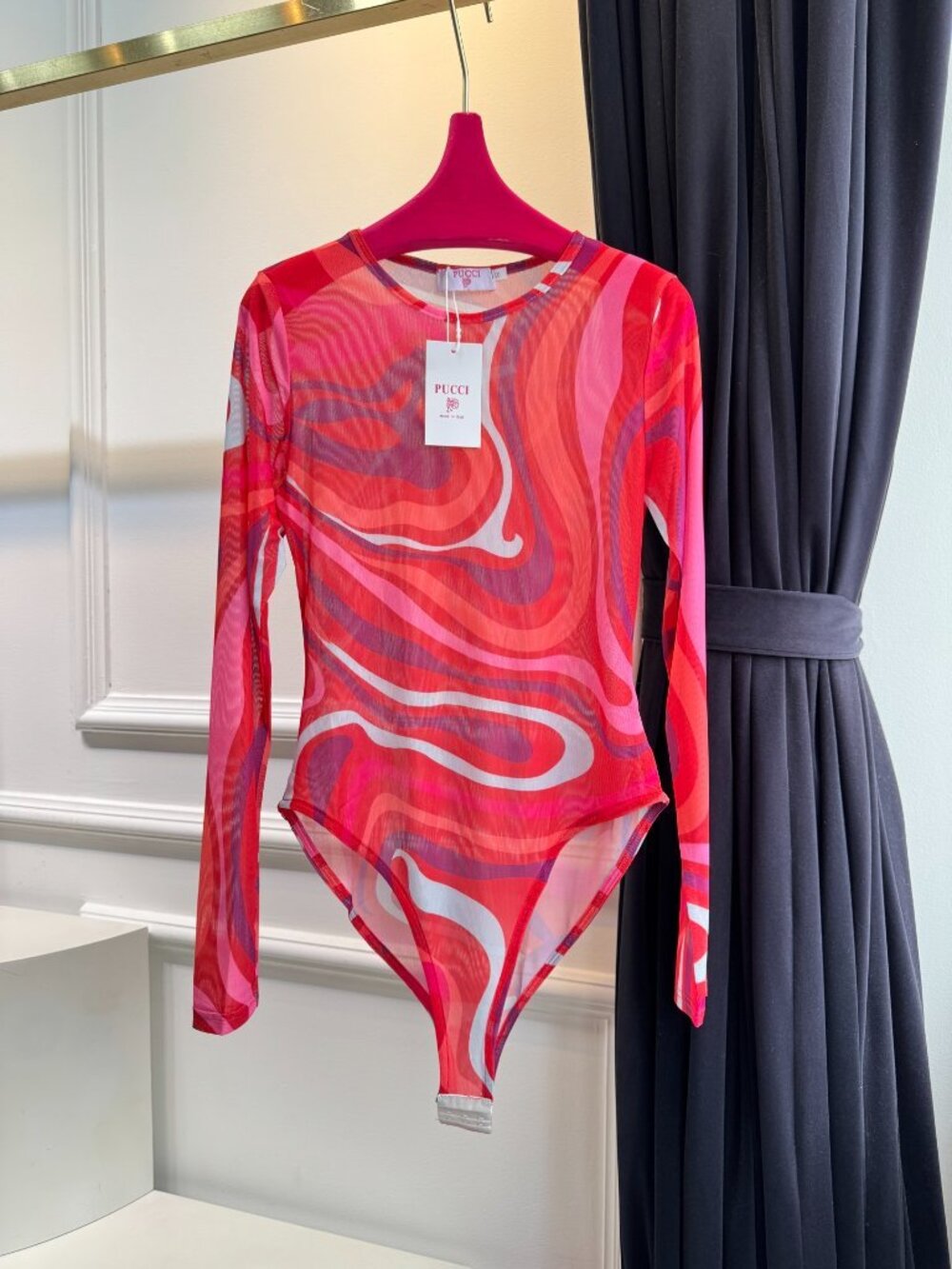 💖Pucci Pink Red Swirl Print Mesh Long Sleeve Bodysuit Sheer Slim Fit Designer T - Picture 7 of 7